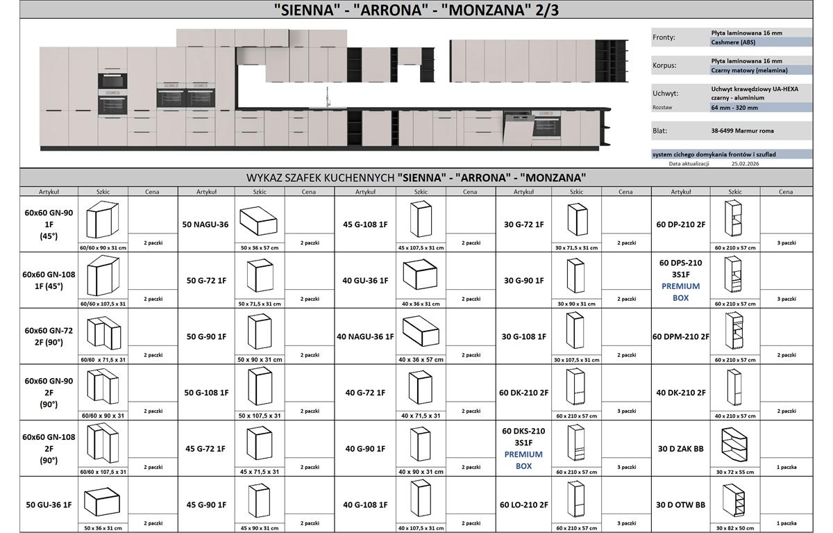 Wykaz szafek kuchennych kuchnia modułowa SIENNA/ARRONA/MONZANA 3 kolory kaszmir kuchnia na wymiar 2